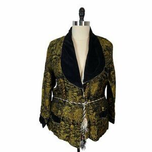 Smoking Jacket Robe Vintage Unisex Black Yellow Embroidered Collared Size Large